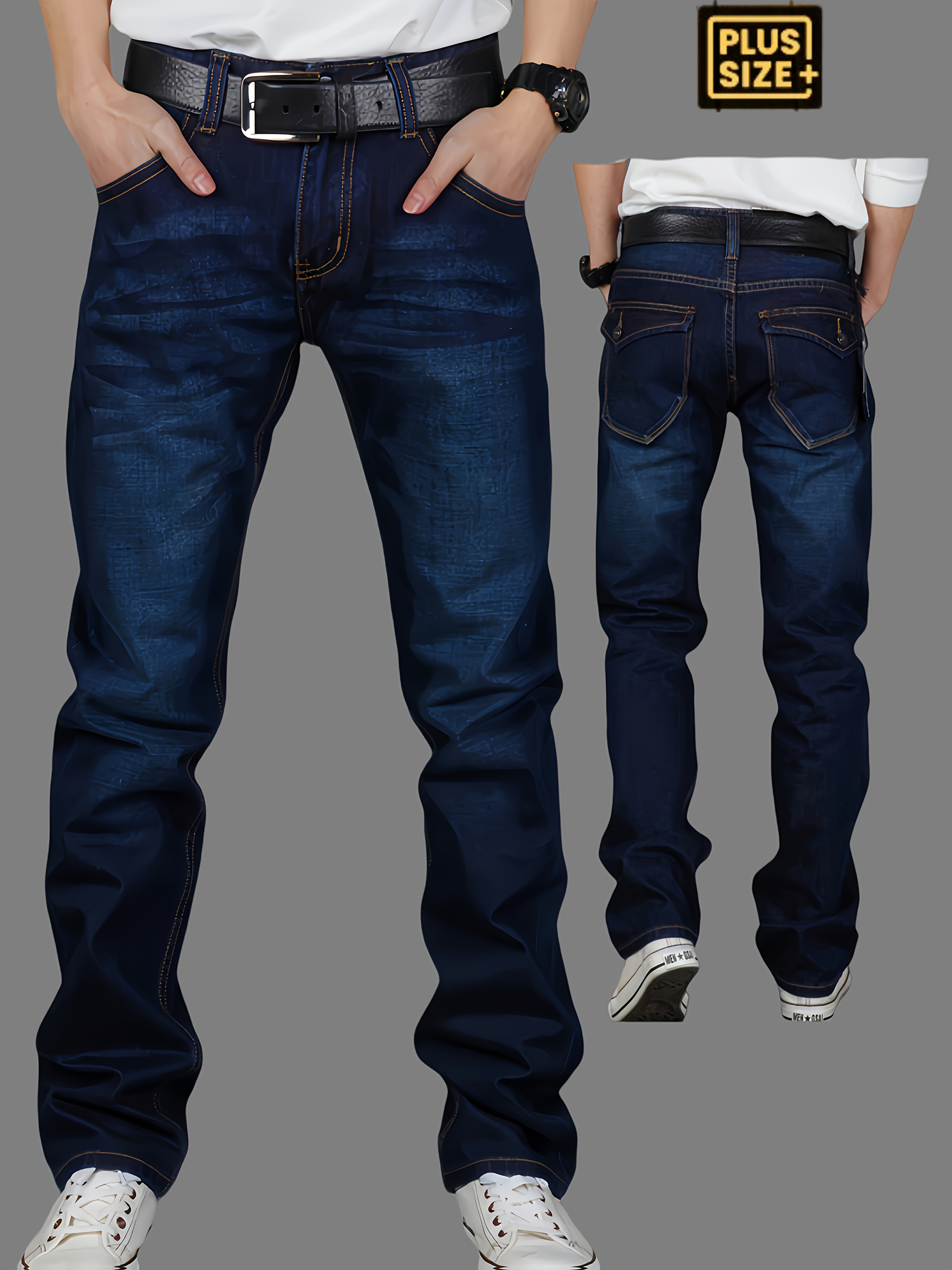 Plus-Size Men'S Denim Pants, Comfortable Stretchy Long Trousers, Loose Straight Casual Pants, Suitable for All Seasons, with Back Pockets And Flaps, Plus Size