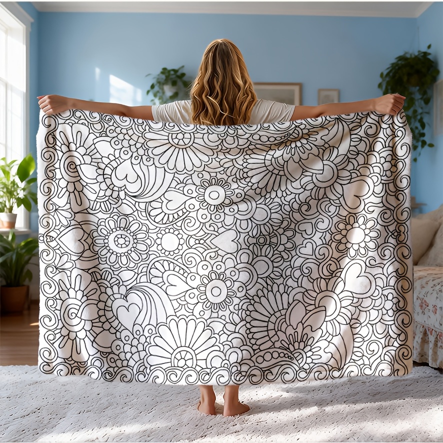 TEMU 1pc Adult Coloring Pattern Blanket - Vibrant Floral And Design, Polyester Fiber, Machine Washable, Suitable For Sofa, Bed, Travel, Camping,