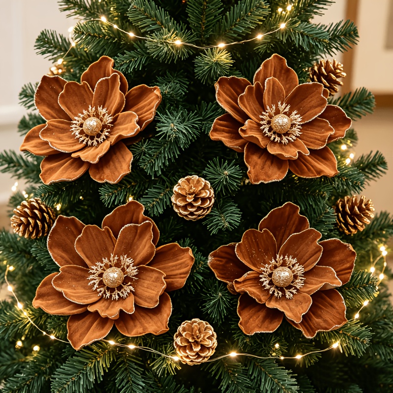 TEMU 4-pack Glitter Artificial Poinsettia Magnolia Flowers With Stems, 23.88cm Christmas Magnolia Ornaments, Holiday Wedding Wreath Garland Photo