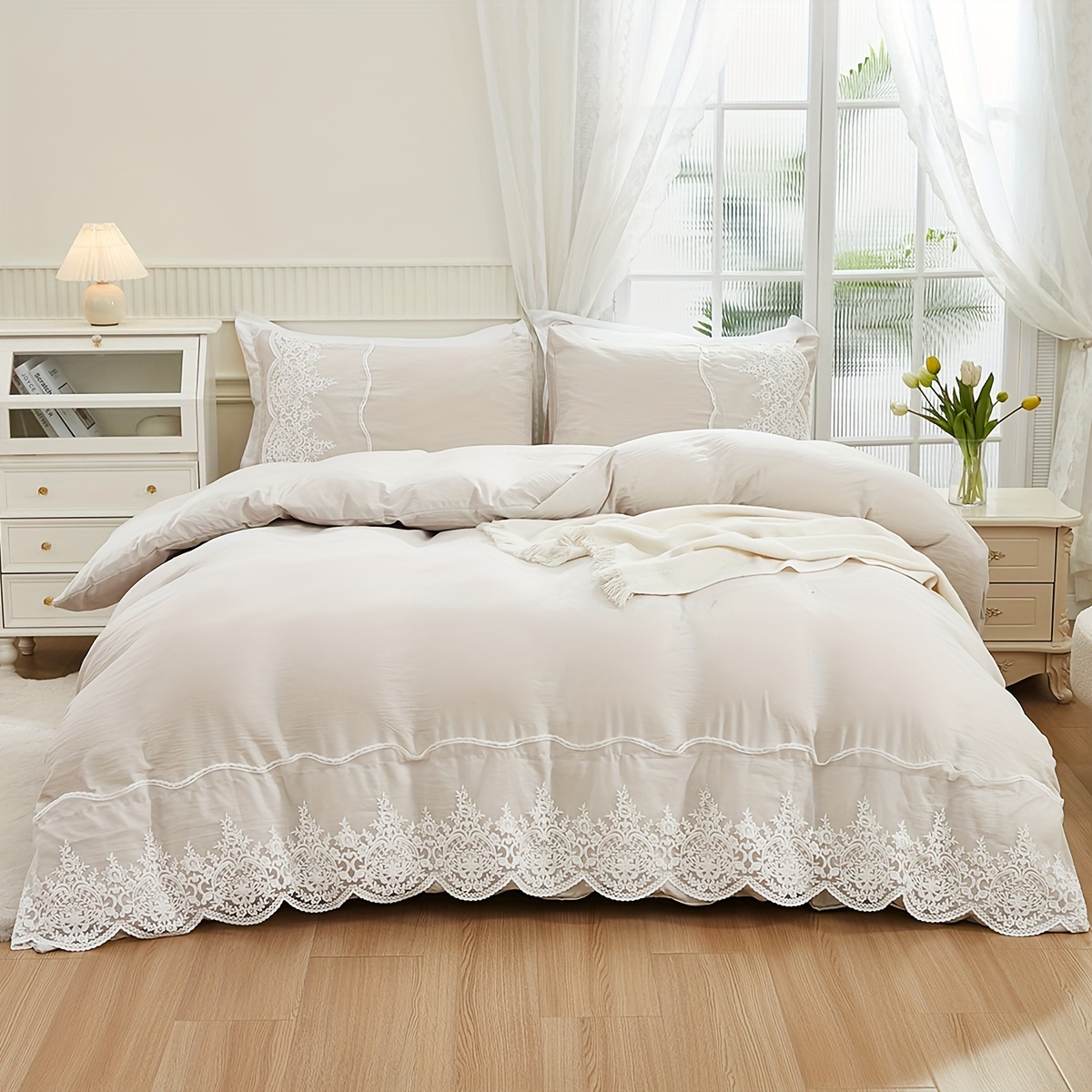 Lace Edge Duvet Cover Set Solid Color Mesh Soft Breathable Temu New