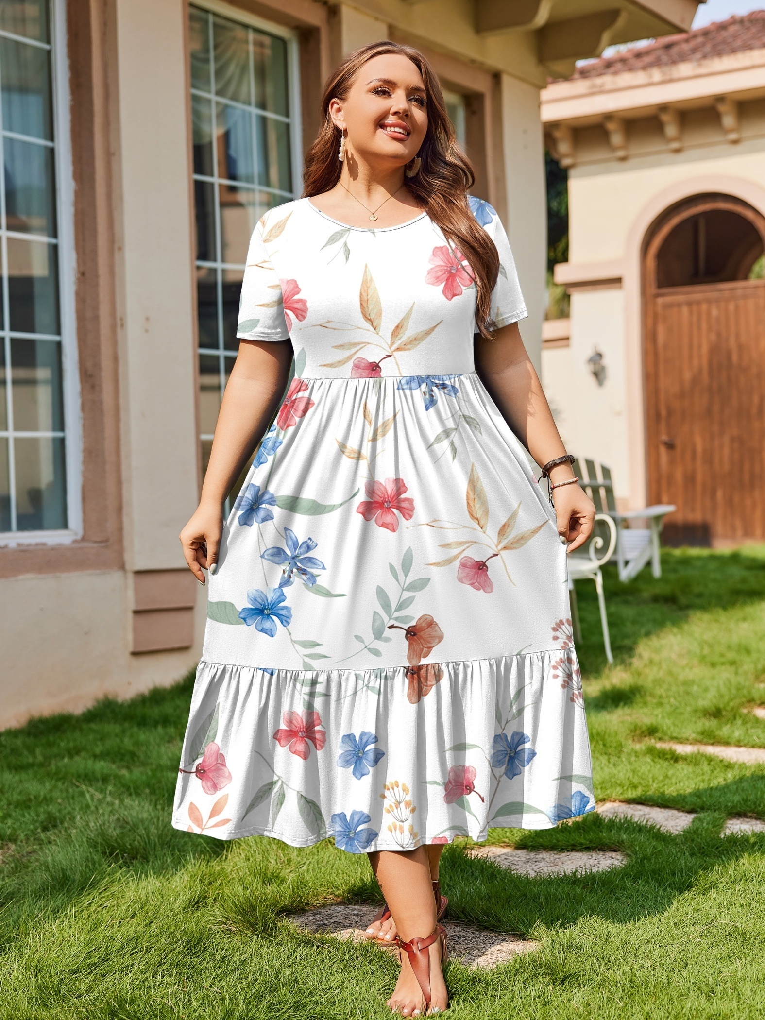 green emerald velvet dress Anna-Kaci Women's Plus Size Casual Poet Long Sleeve Smocked Dress Crewneck Flowy Tiered Midi Dress, Beige / Plus-1X-14W-16W main image 0