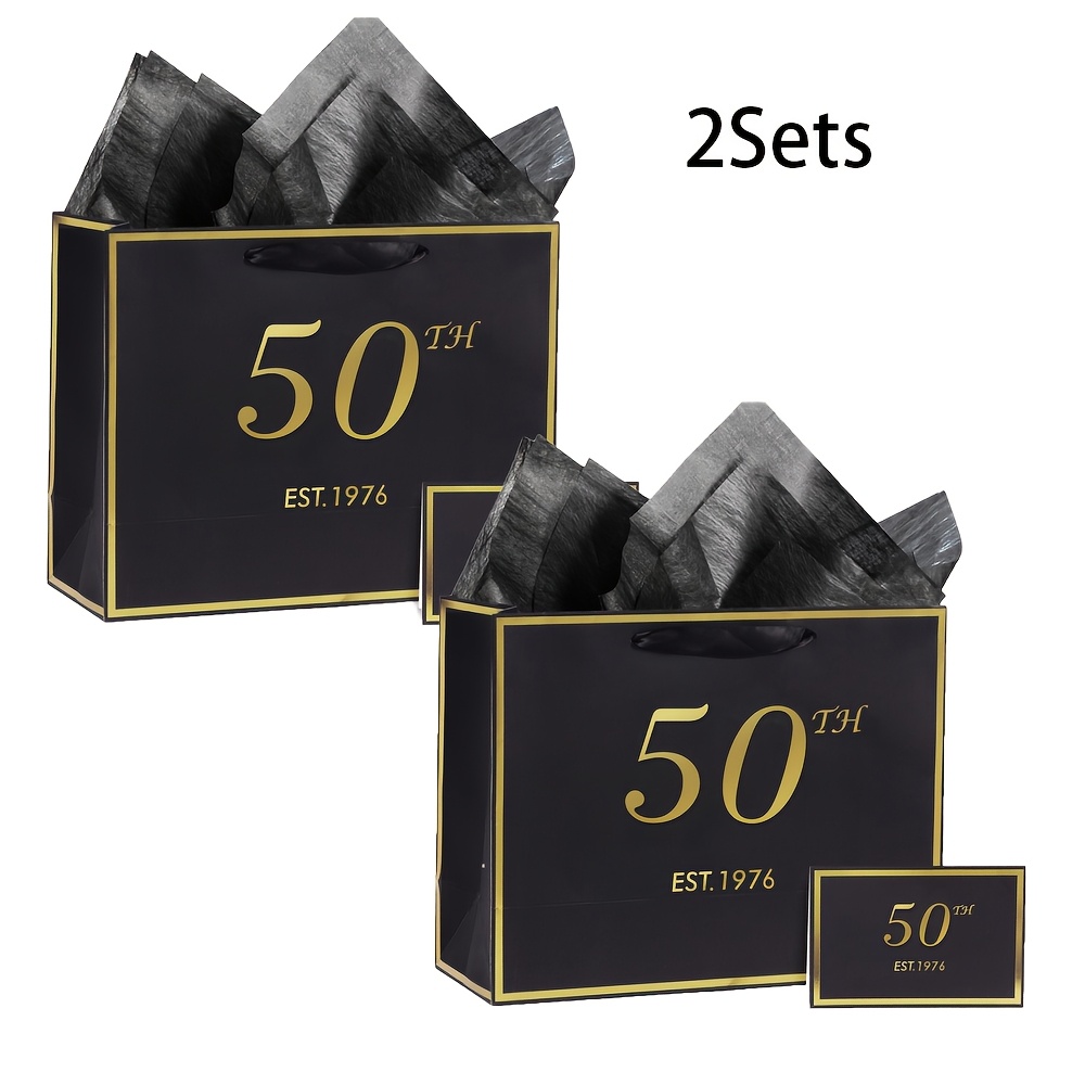E-shop 2er-Set, Geschenktüte zum 50. Geburtstag inklusive Karte und Seidenpapier, geeignet für Männer und Frauen. Dieser elegante, schwarz-goldene