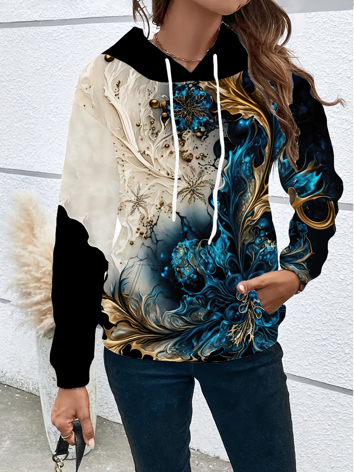 damens 3d-digitaldruck hoodie - blumen & abstraktes design, langarm-pullover mit kordelzug, lässiges rundhals-sweatshirt für frühling/herbst, frühlingsmode-oberteil | trendiger damen-hoodie | bauweise 0
