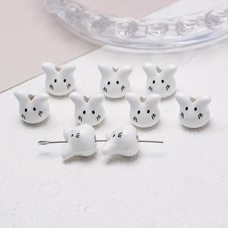 

12 Handcrafted Ceramic Rabbit Beads, Cute White With Black Accents, Ideal For Diy Charm Bracelets & Necklaces - Jewelry Making Accessories, Charms For Jewelry Making