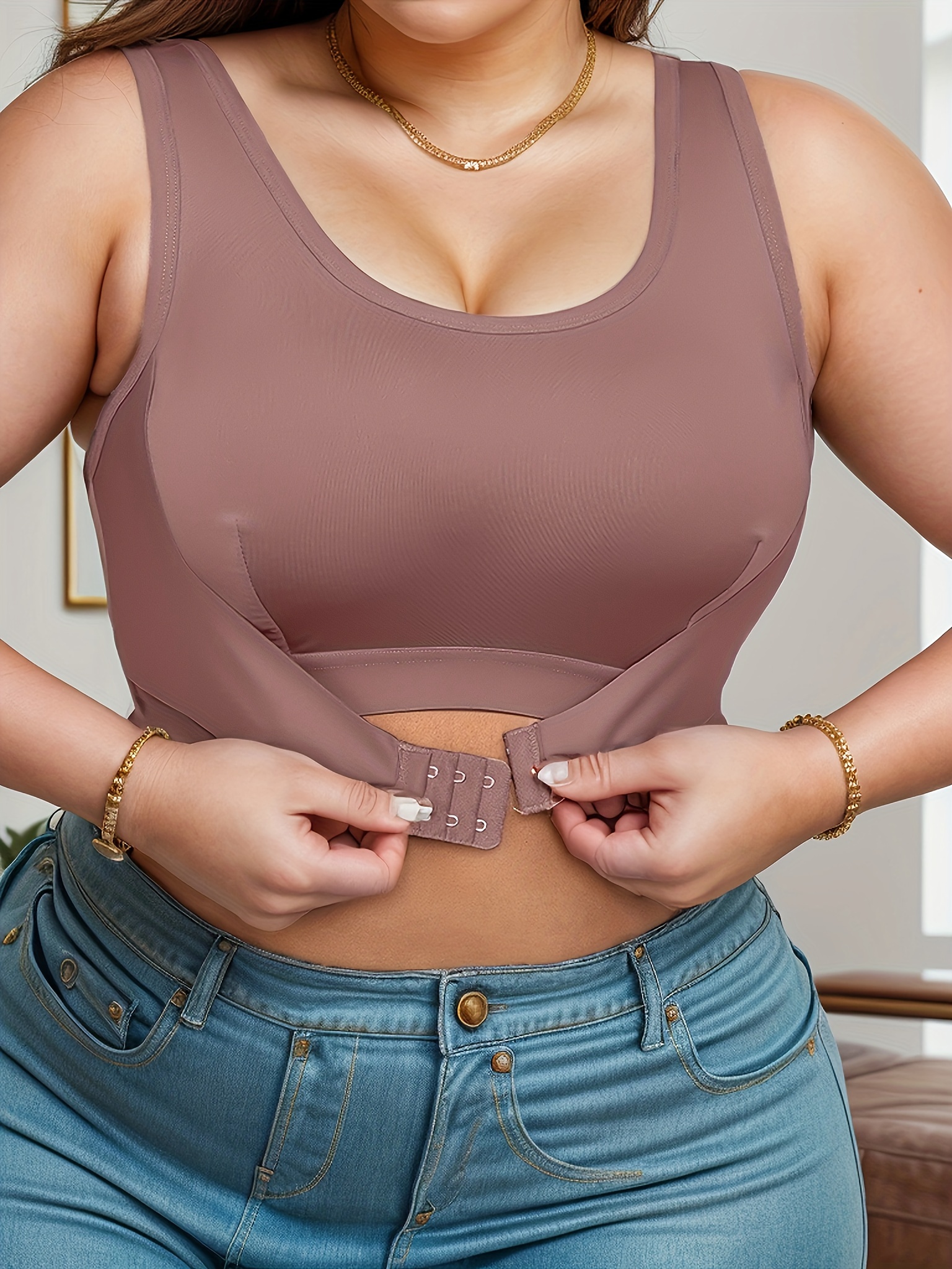 Women's Plus Elegant Bra, Plus Size Solid Front Closure Full Cover Non Padded Bralette