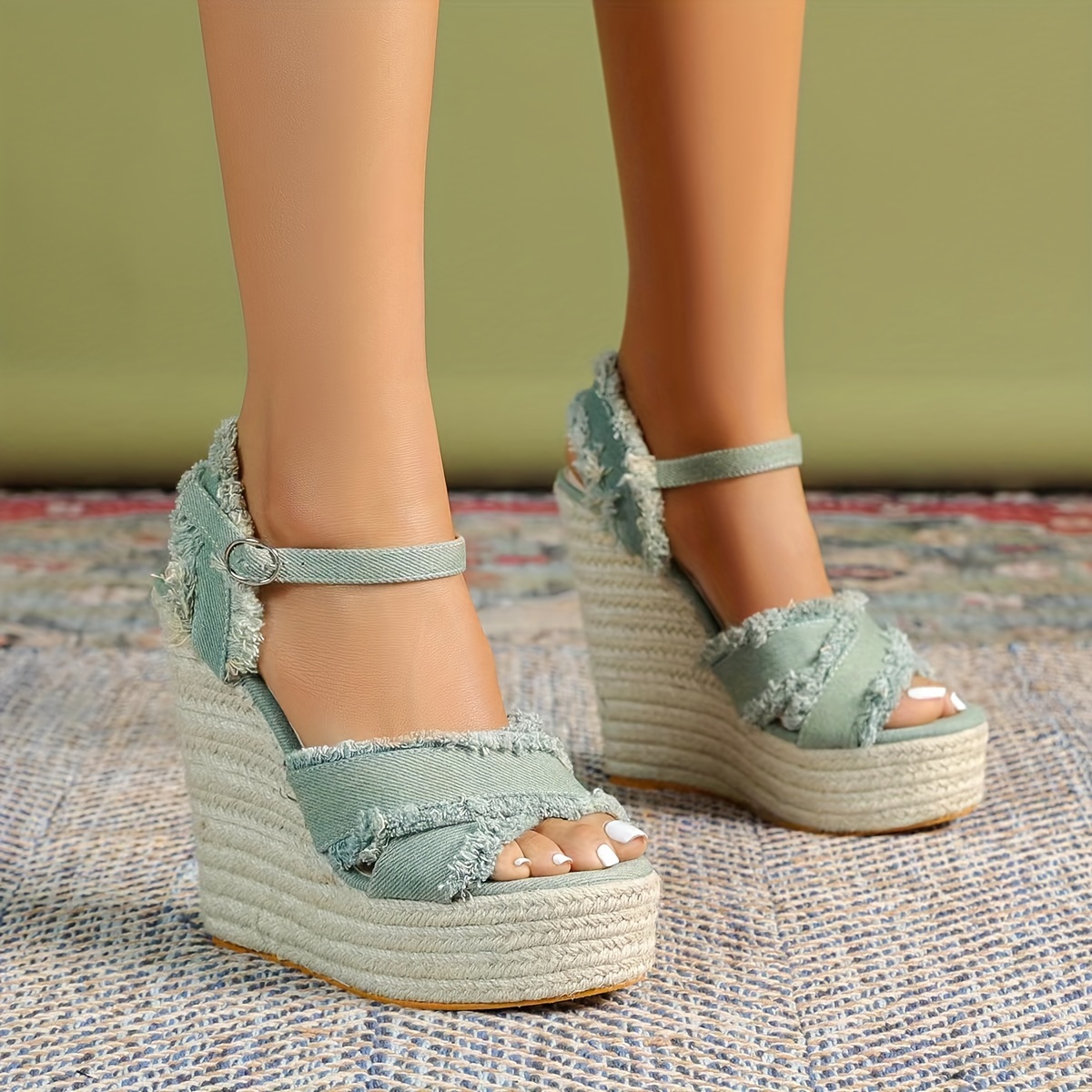 Women's Platform Wedge Heels, Flower Ankle Strap Round Toe High Heels,  Fashion Micro Suede Shoes