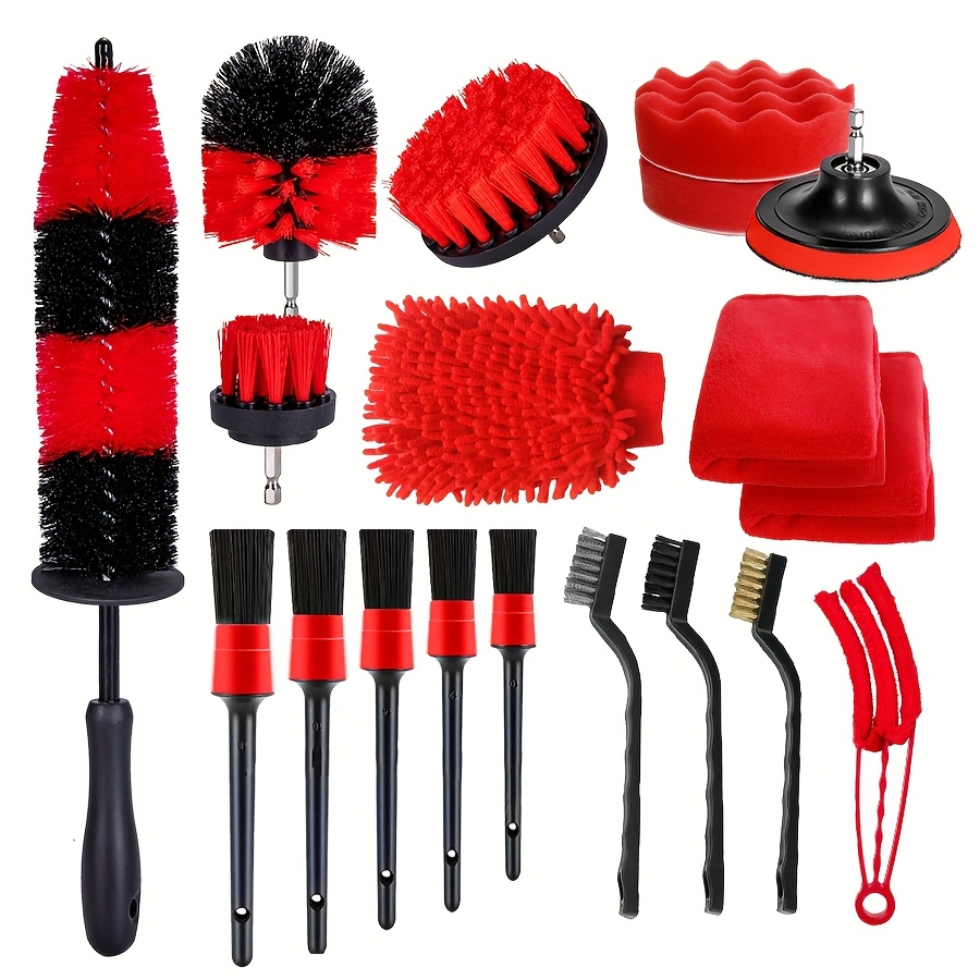 

19pcs Car Cleaning Brush Set With Electric Drill Attachment, Red Detailing Brushes For Tires, Interior Gap, And Exterior Washing, Plastic Material