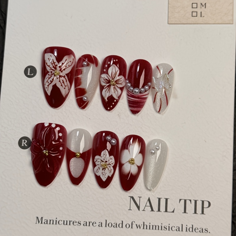 TEMU 10 stuks DANArtlux bordeauxrode druk-op nagels geschikt voor dames - amandelvorm medium lengte volledige herbruikbare kunstnagels met 3D bloem