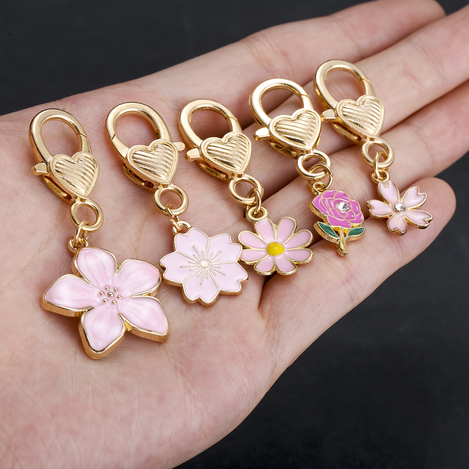 Image of 5pcs Fashion Enamel Flower Keychains, Alloy Rose Flower, Cherry , Chrysanthemum Key Ring, For Car Keys, Backpacks, Wallets