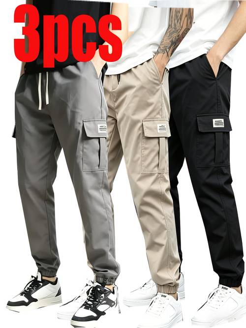 3pcs set of mens work pants with multiple pockets practical work trousers adjustable drawstring solid color joggers outdoor casual sports running pants suitable for unisex