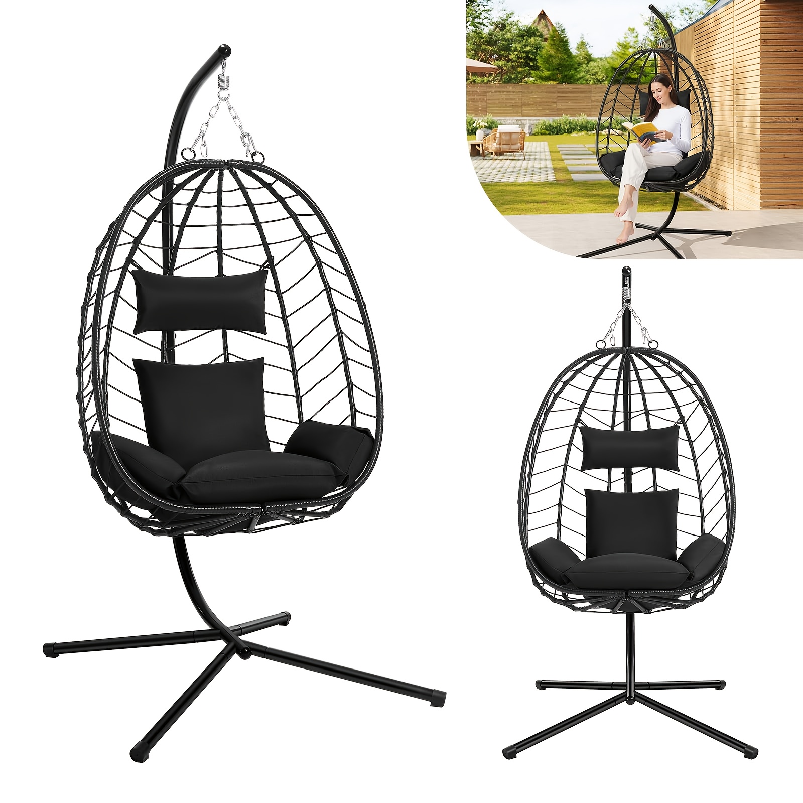 TEMU 1pc Hanging Chair With Cushion, Lounge Chair, Furniture, Hanging Chair With Frame, Swing Chair, Suitable For Indoor And Outdoor Use, Load