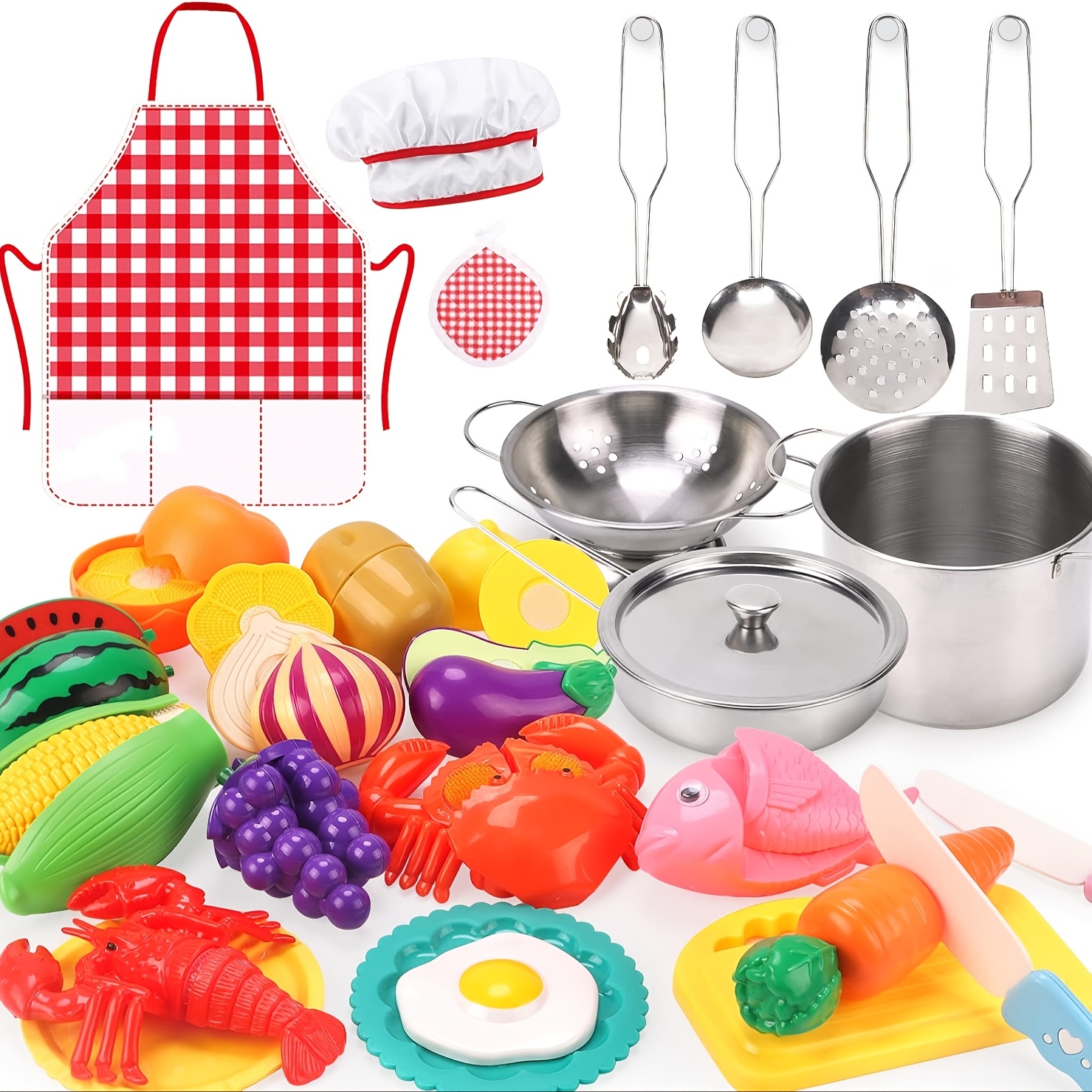 

' Pretend Play Kitchen Set With Stainless Steel Cookware, Utensils, Apron & Chef Hat - Includes Vegetables & Fruits For , Play Set