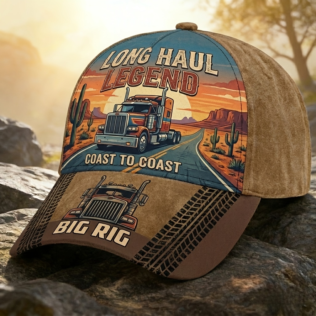 TEMU 's Baseball Cap With A '/' Themed Print, Featuring A Retro Desert Semi-trailer For Truck Design. Adjustable, Breathable, And Sun-visor, Suitable