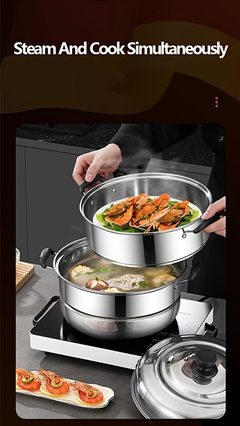 versatile 3 tier stainless steel steamer set with lid   bread   compatible with induction gas stoves   cookware electric stove soup pot cooking essentials details 2