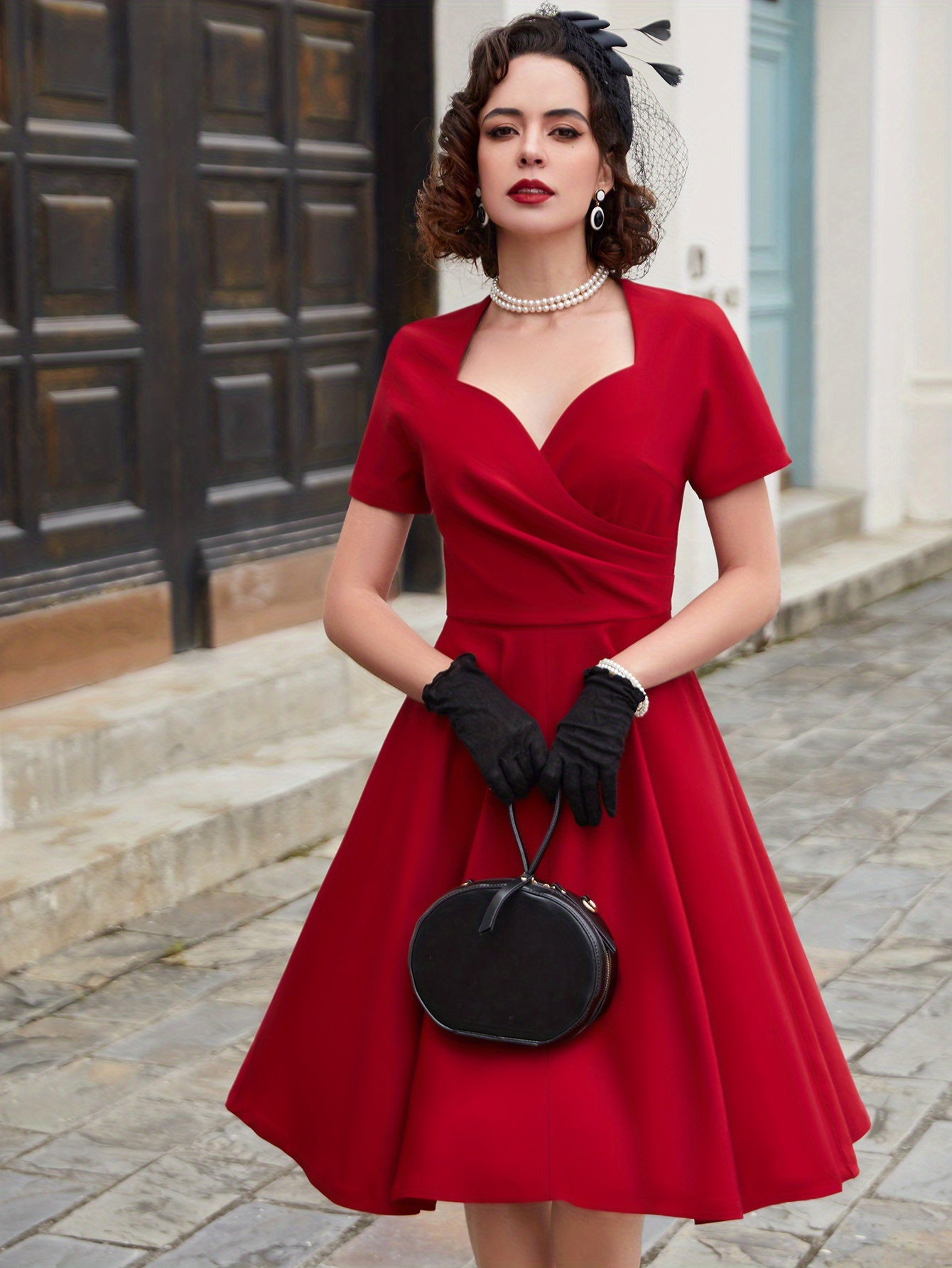1950's a line dress vintage 1950's a-line swing midi dress, elegant retro cocktail party dress,  solid color, notched collar, regular sleeve, 100% viscose, 3% elastane,  20.7% polyamide, , flared hem, woven fabric, 260g/m²