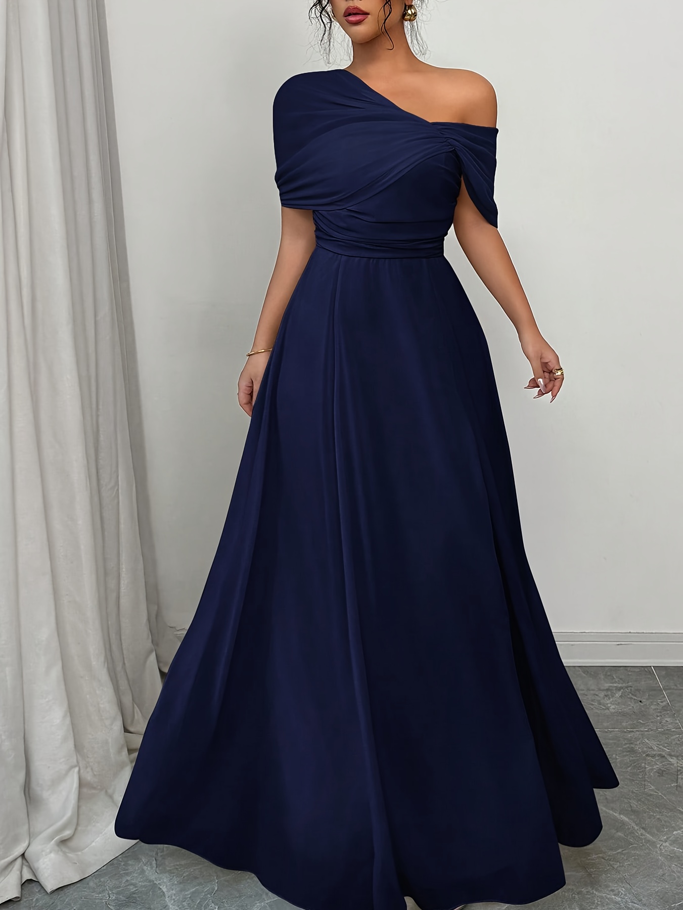 womens elegant shoulder midi dress solid color 100 Temu South Africa