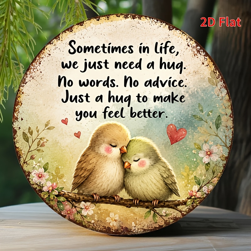TEMU 2d Flat, A Small Round Decorative Hanging Sign With A Message Featuring Embracing Birds, Floral And Plant Heart Patterns, And Soothing English