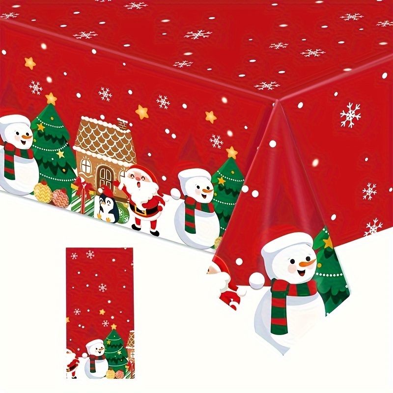 

1pc Christmas Tablecloth, Snowman & Christmas Tree Red Plastic Table Cover, Waterproof & Oil-resistant, Machine-made, For Holiday Party & Family Gathering Decor