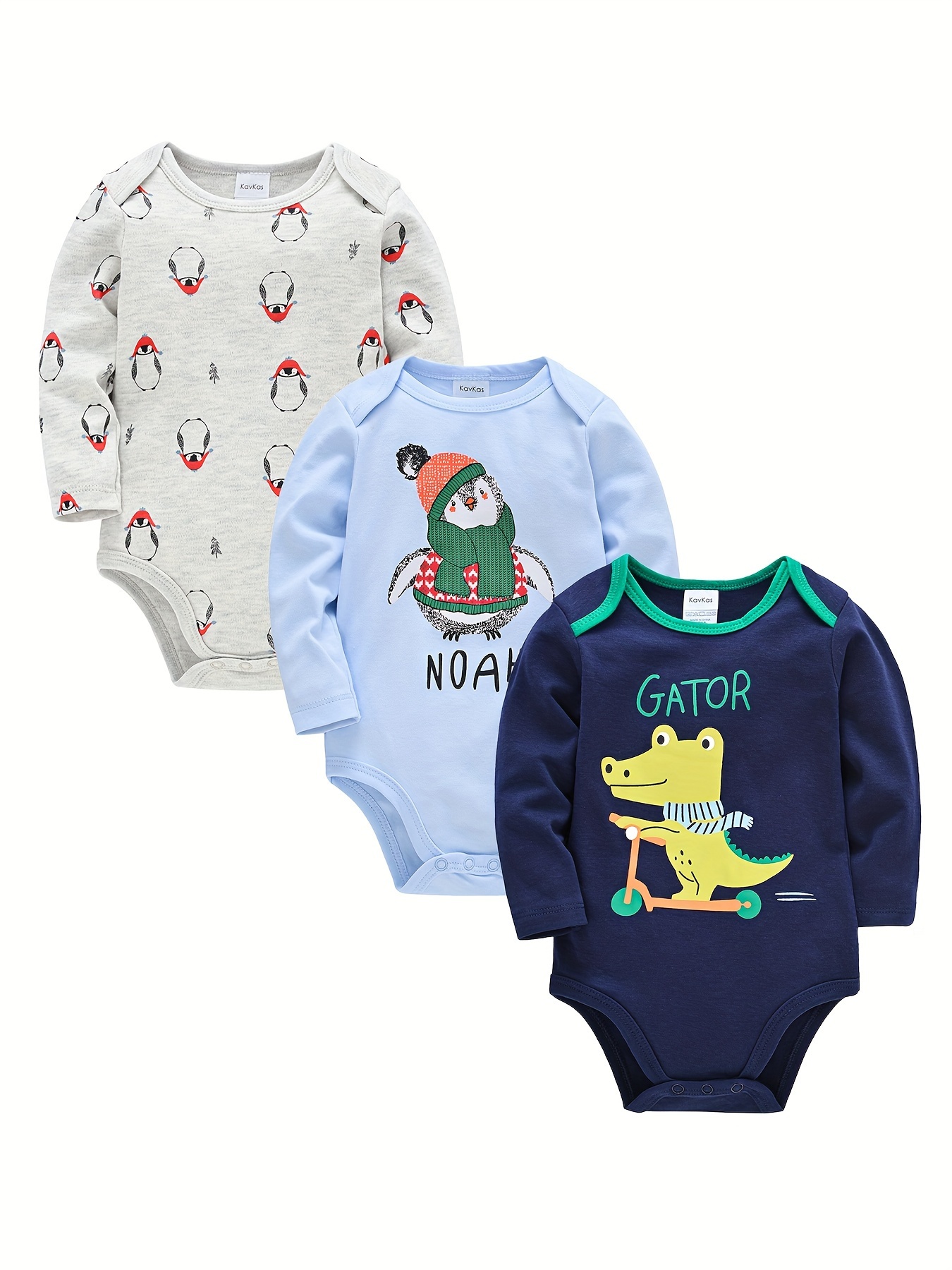 3pcs Baby Cartoon Penguin Pattern Blue Striped Long-sleeve Pullover and Trousers Set