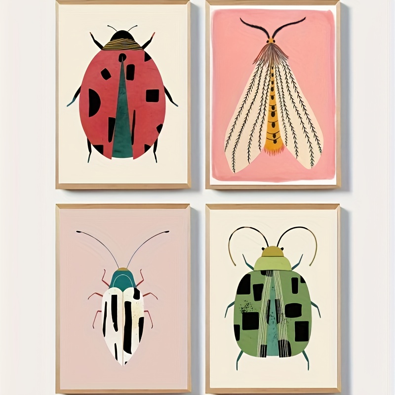 4pcs Frameless Wall Art Ladybug Tiger Moth Canvas Art Poster Printing Decoration, 30*40/11.8*15.7inch Unframed