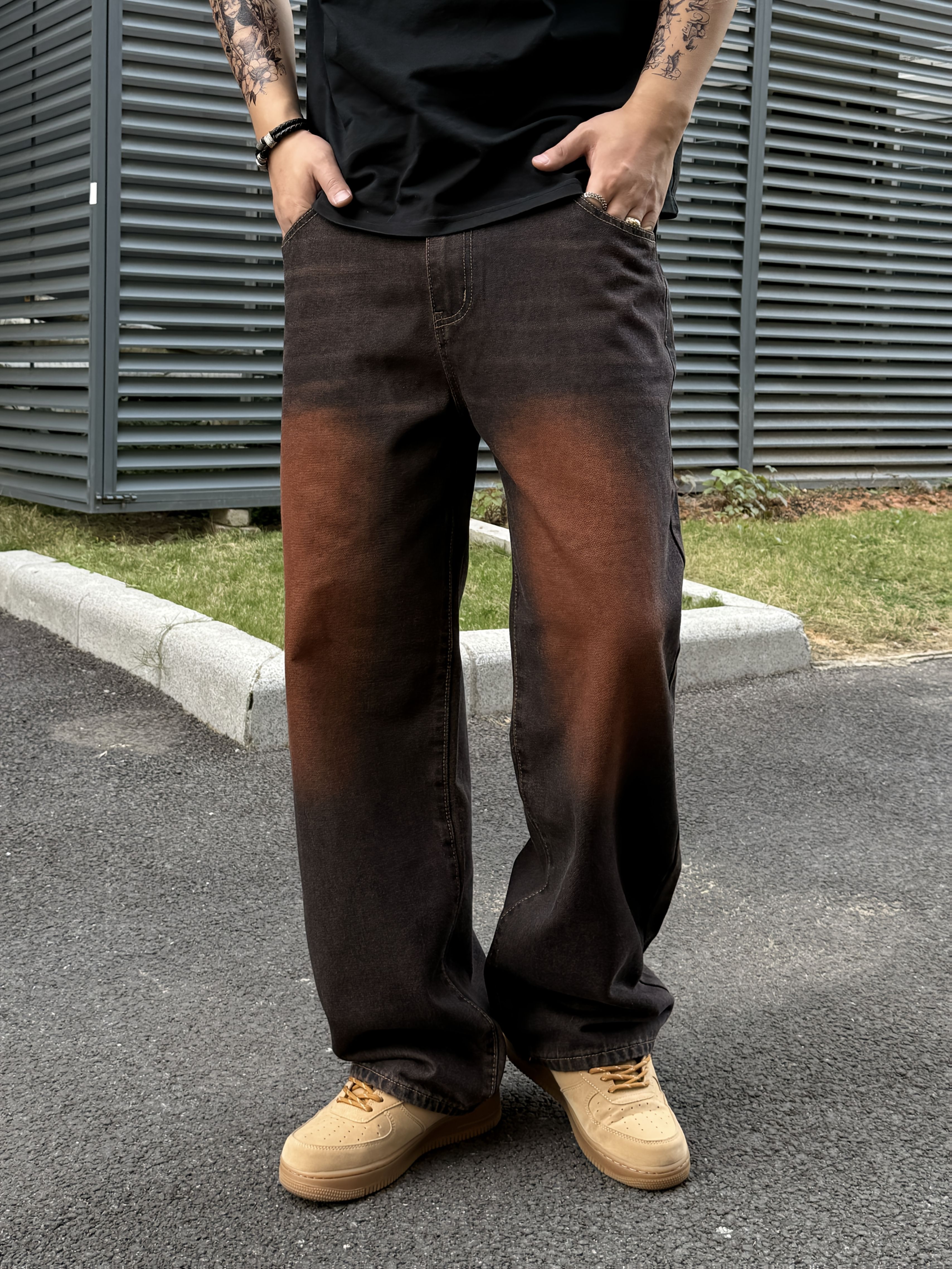 mens vintage black red gradient straight leg jeans loose fit