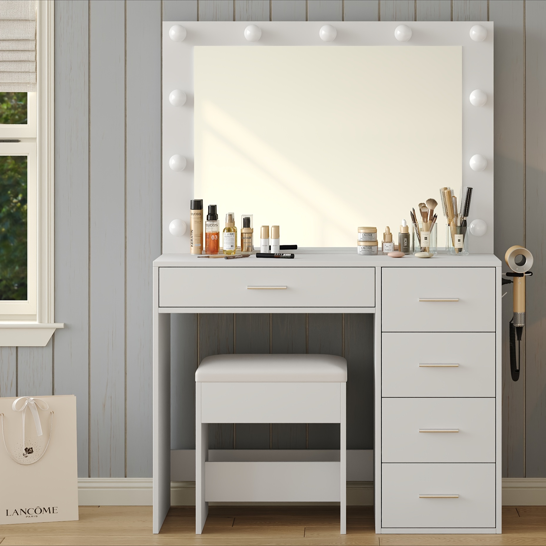 

Vanity Desk & Power Outl, Makeup Vanity With Mirror And 11 Led Lights, Makeup Table With 5 Drawers, Vanity Table With Chair, Vanity Set 3 Lighting Adjustable For Bedroom, Vanity Chair, , White