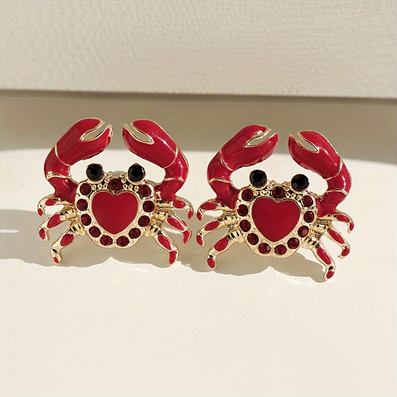 1 Pair Red Heart Small Crab Stud Earrings Sweet Cute Animal Earrings 3d Ear Jewelry Beach Additions Suitable For Vacation Travel Wear