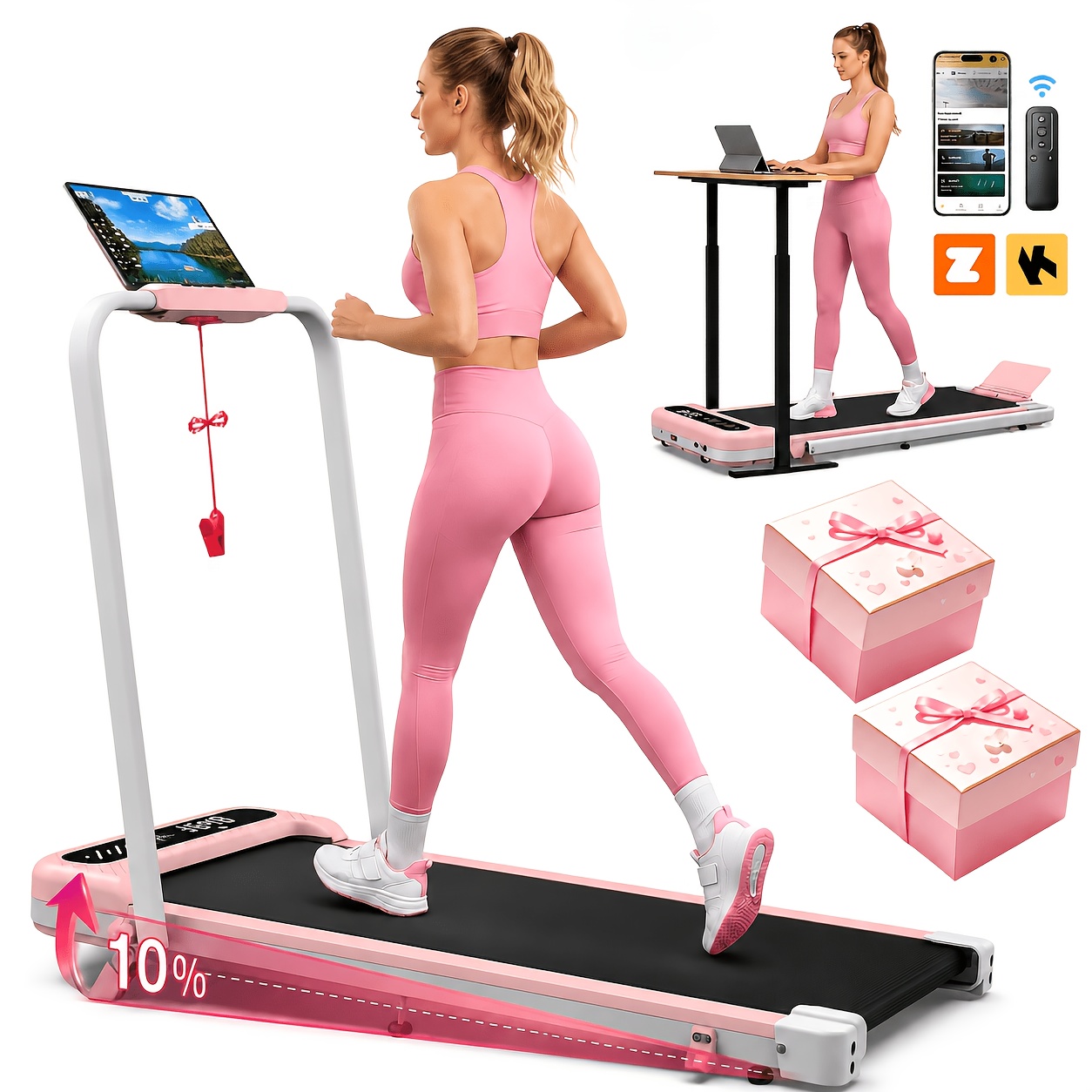 Image of Walking Pad Treadmill With Handle Bar And Adjustable Incline, Compact Portable Treadmills For Home Office, 3.0hp Quiet Anti-slip Under Desk Treadmills, 1.0-10km/h, Remote Speed Control