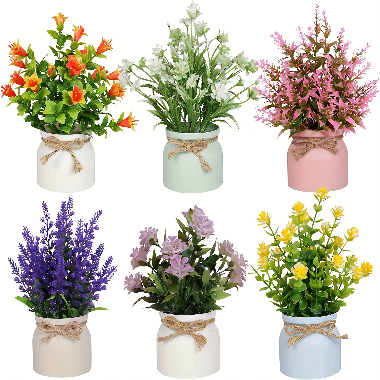 TEMU 6-pack Mini Artificial Bonsai Potted Flowers With Pots - Fake Plants Decoration For Home Office Desk - Plastic Get Well Faux Floral Arrangement - Indoor Outdoor Decor Without Power Supply