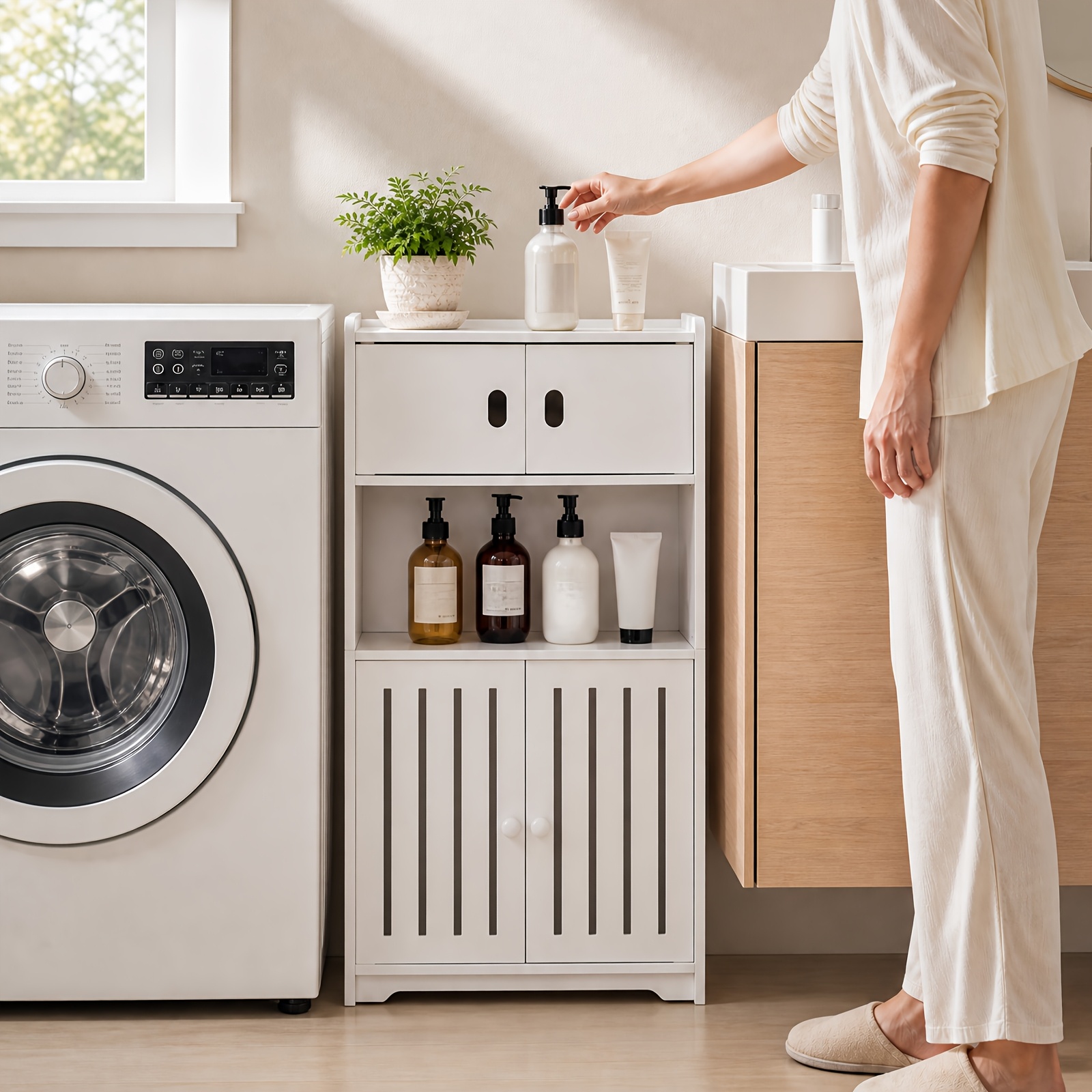 TEMU 4-tier White Freestanding Storage Cabinet With Door, Multifunctional Floor Organizer, Space Saving Furniture For Bathroom Room Small .66"d X