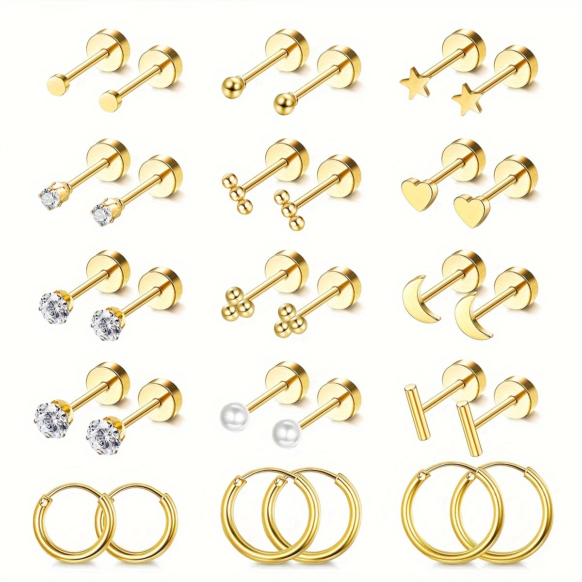 

15 Pairs Small Flat Back Stud Earrings For Women Men 14k Plated Surgical Stainless Steel Earring Sets Hypoallergenic Tiny Screw Back Cartilage Earring Small Hoops 8-10-12mm