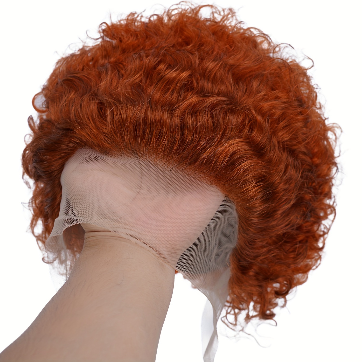 TEMU Peruvian Human Hair Short Curly Lace Front Wig 13x1 Cut - 150% Density Curly Wave Red & Natural Highlights, Breathable Lace Front For, Elegant Style For All