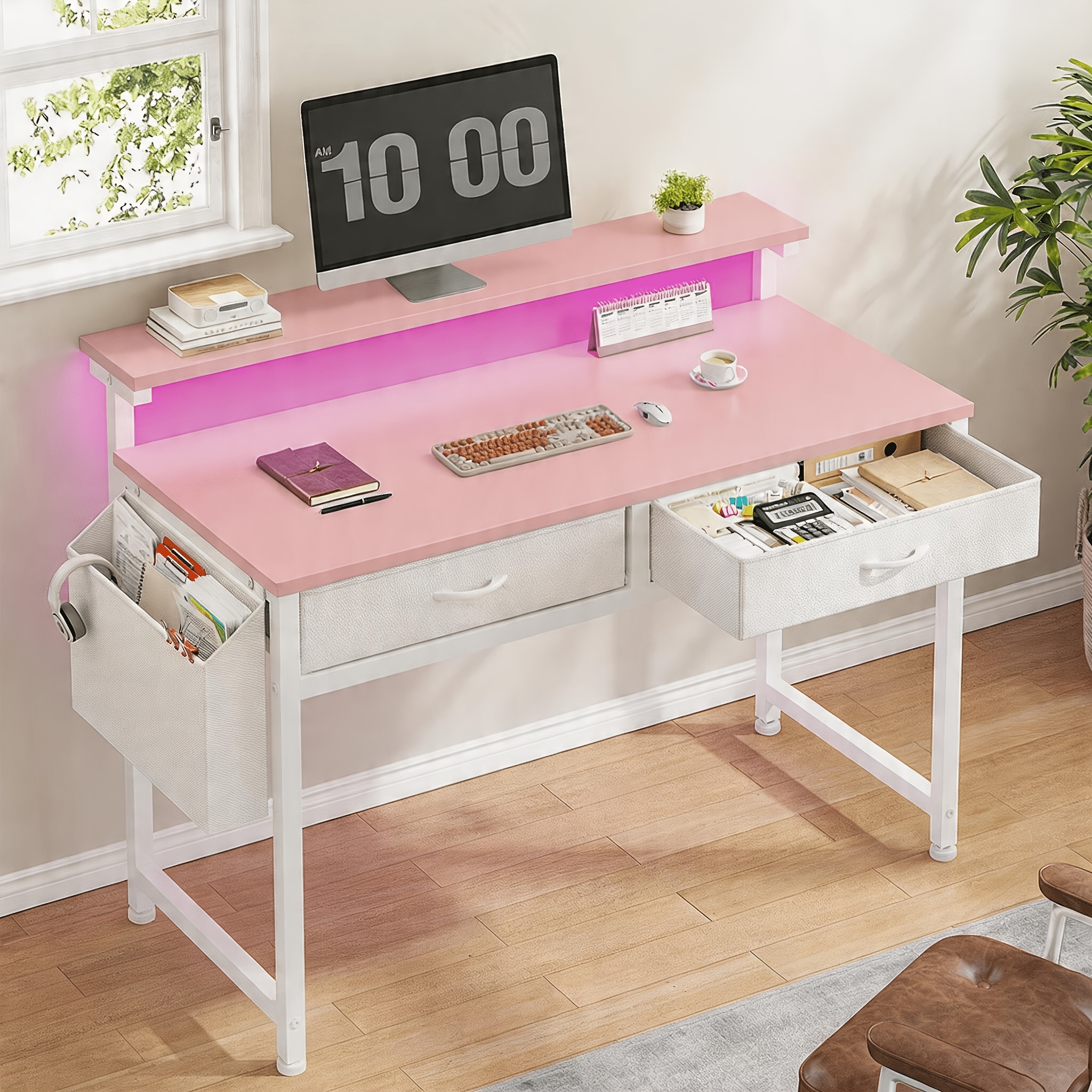   31 5 39 5 small home office desk with led lights 2 drawers ideal for small spaces writing study desk   in home office computer desk with side pocket small space