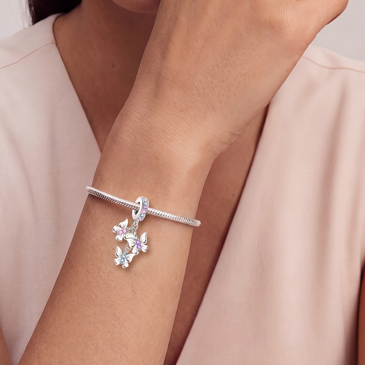 Women's 925 Silver Plated Butterfly Pendant Charm Bracelet