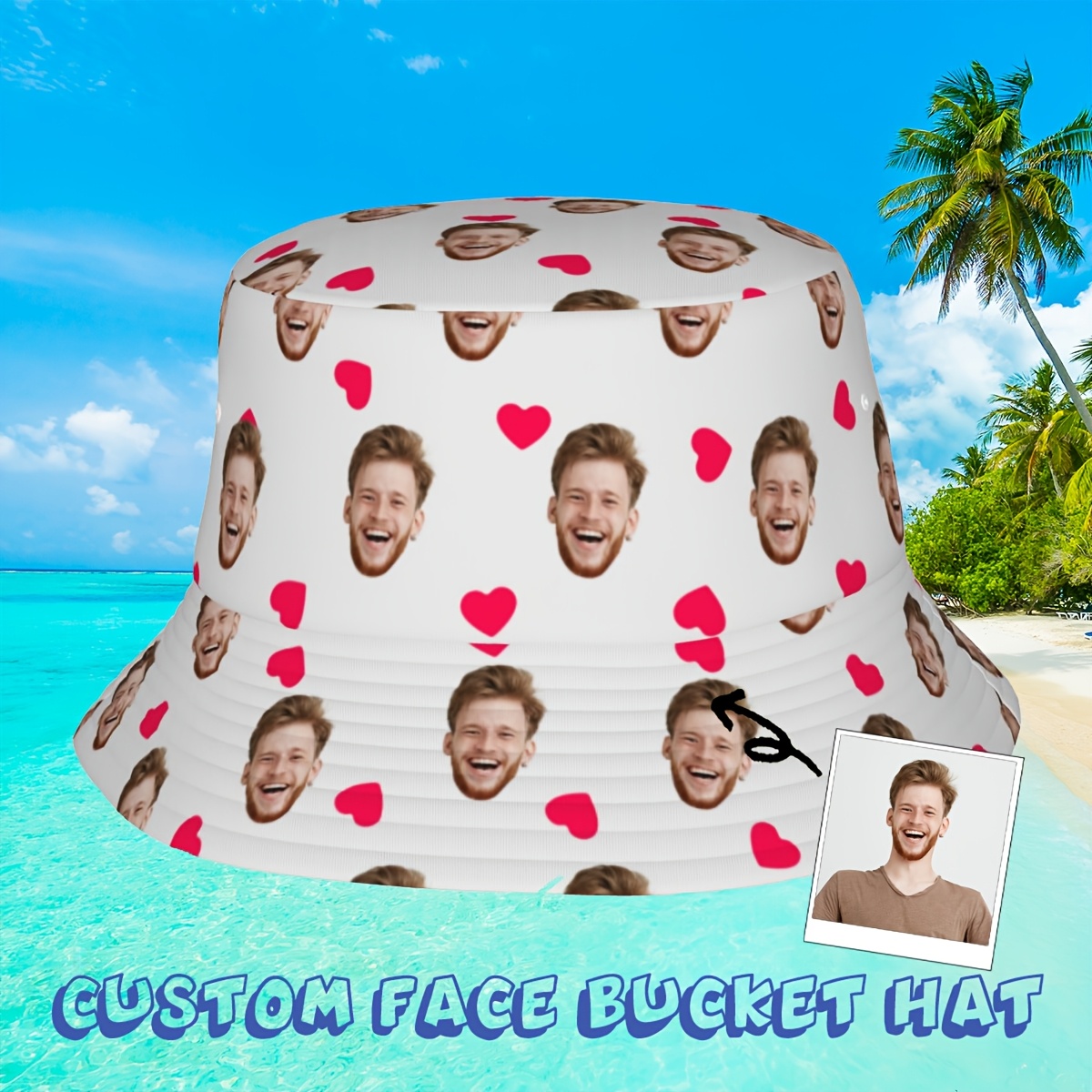 E-shop Personalisierte Gesichts-Bucket-Hut - Personalisierte Full-Print-Design mit Ihrem Gesicht, atmungsaktiv & faltbar, leicht für Reisen &
