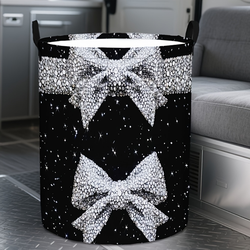 TEMU A Minimalist Black Glitter Bow Print Round Laundry Basket | Oxford Cloth Laundry Basket For Storing Dirty Clothes, Foldable, With Handles,