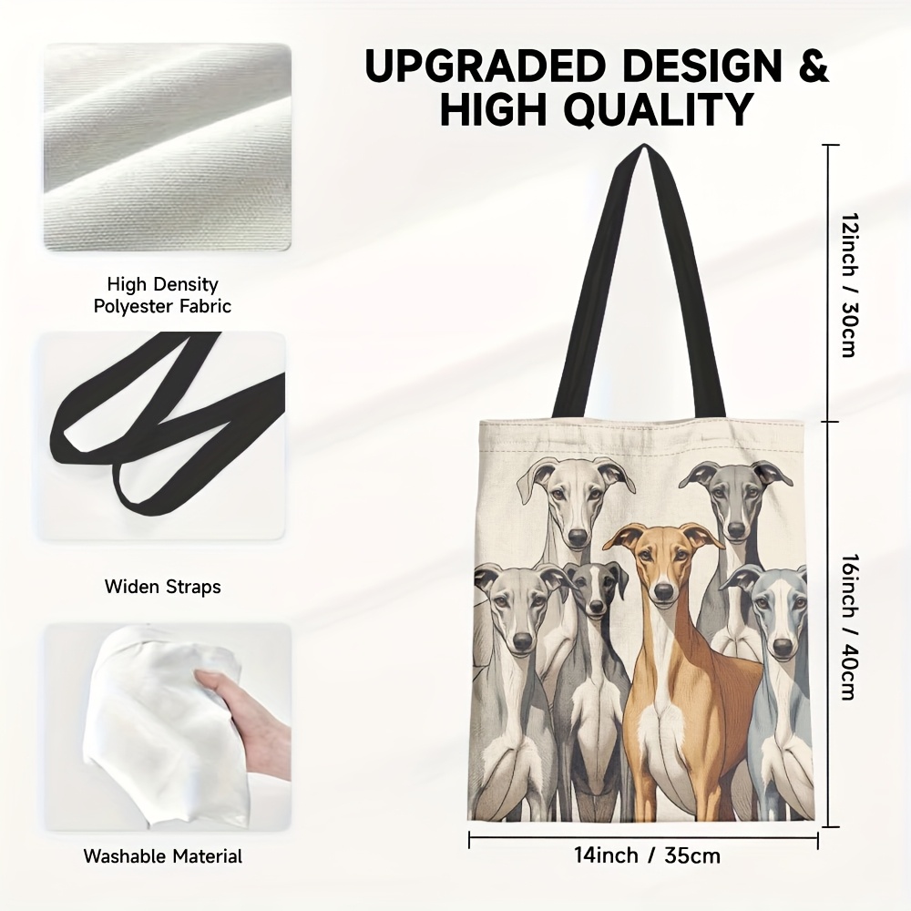 TEMU 1pc Durable Women's Tote With Greyhound & Whippet Dog Print - , Reusable Grocery Bag For Shopping, Work, And Travel, Lightweight, Foldable,