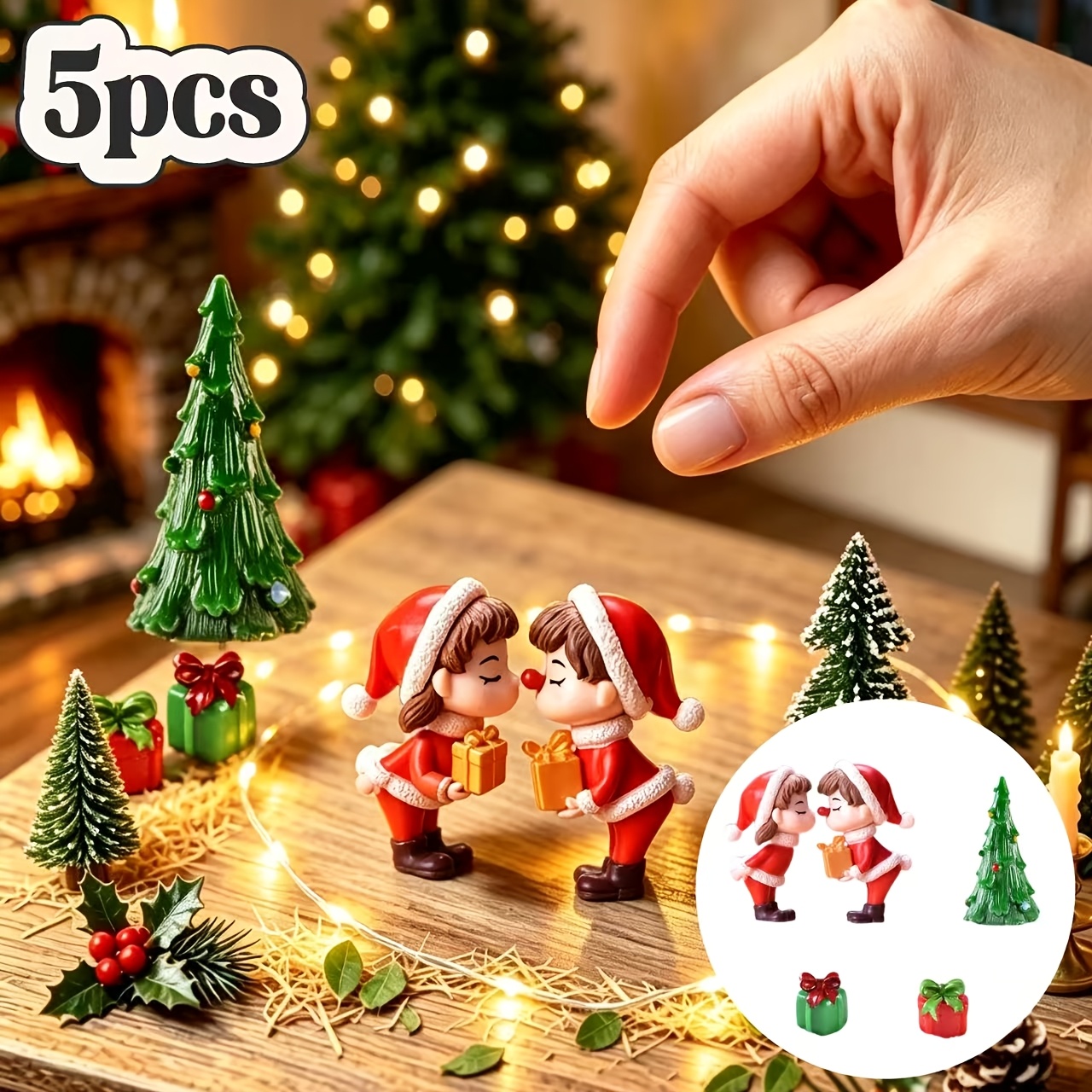 TEMU 5pcs, Creative Christmas Couple Kissing Figurine And Christmas Tree Ornament Resin Sculpture Set, (includes Mini Resin Kissing Couple And
