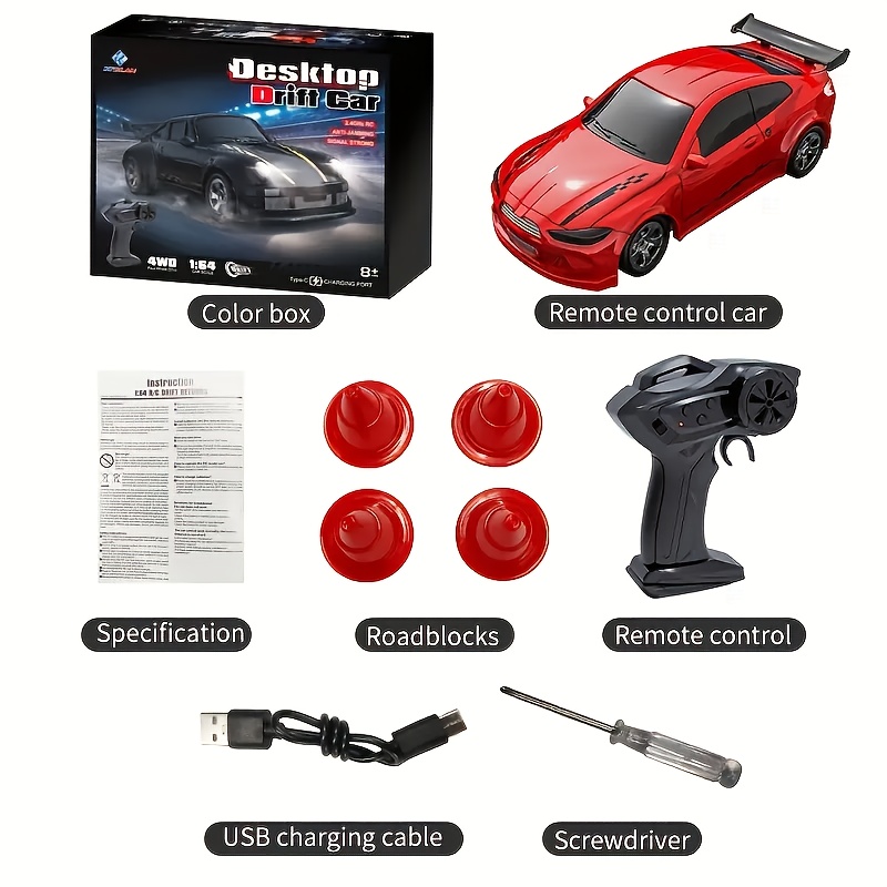 RC Drift Car, 1:64 Scale 4WD, with USB Rechargeable Battery, 2.4GHz Radio Control, Durable Plastic Body & Sleek Design for Indoor/ Outdoor Drifting Fun, Perfect Gift for Boys, Girls