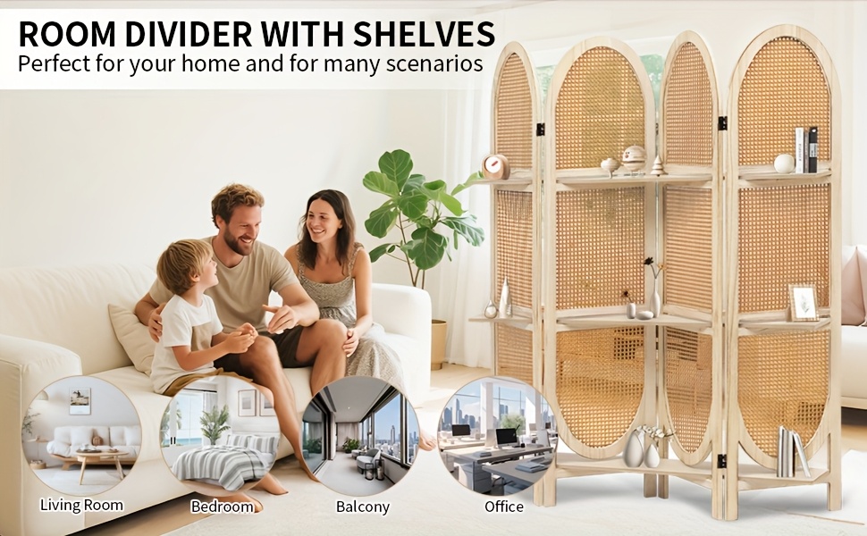 Four-Panel Wooden Room Divider, Collapsible with a Hand-Woven Rattan Privacy Screen - Room Partitions Featuring Three Display Shelves, Ideal for Home, Office, Study, Or Art Exhibitions