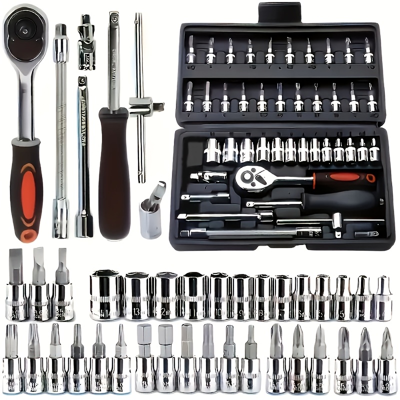 E-shop Ein umfassendes 43-teiliges, robustes Steckschlüssel-Set mit 1/4" Antrieb, Schnellverschluss-Ratsche, Schraubendreher-Set und