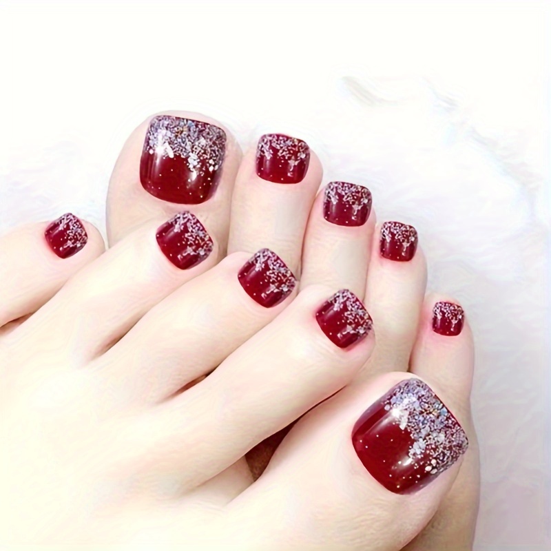 

24pcs/set On Toenails Square Fake Toenails Full Cover Short False Toenails With Glitter Powder Designs Glossy Glue On Toe Nails Toe Nail Tips For Women And Girls