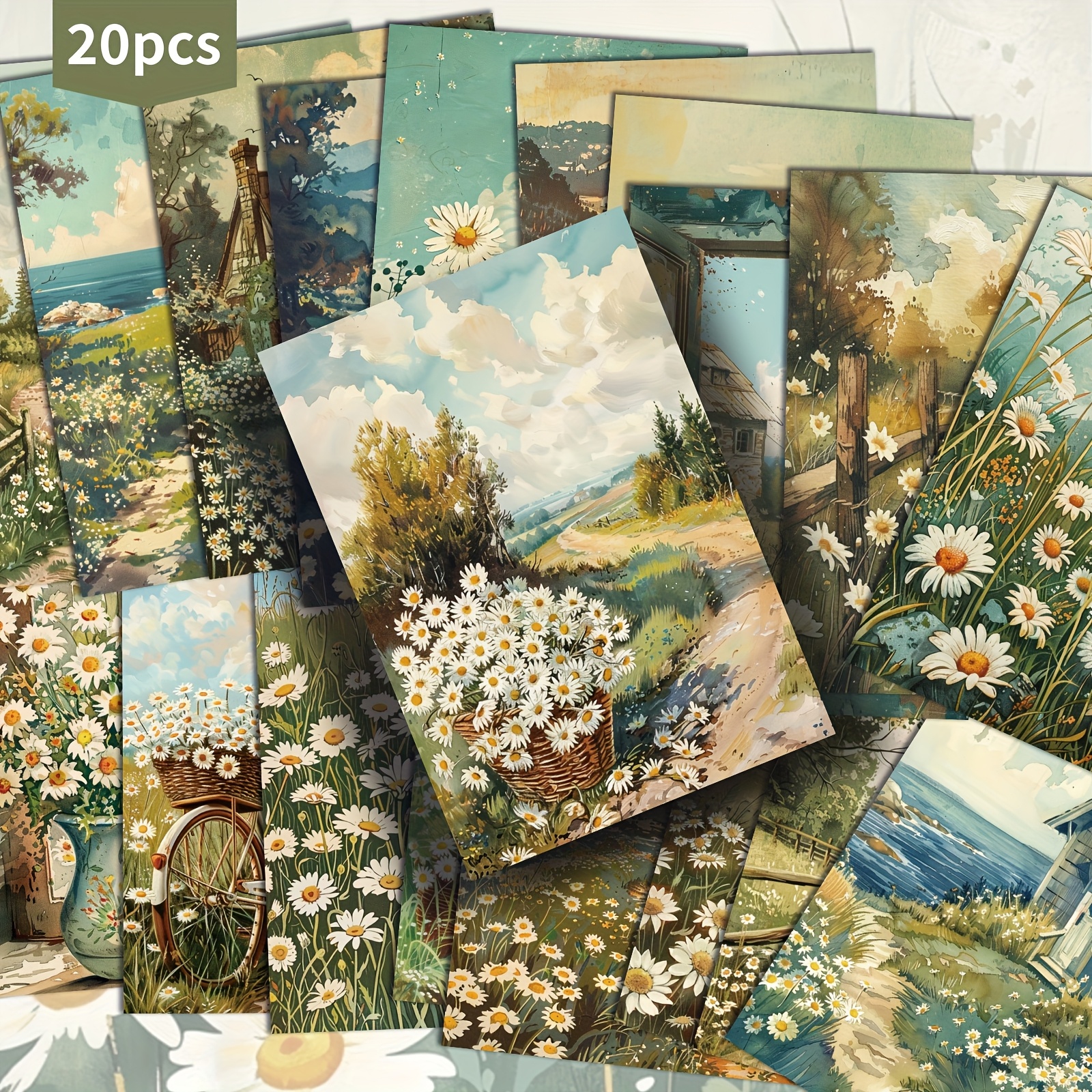TEMU 20-pack Vintage Floral Daisy Postcards - 4x6 Inches Vintage Country Junk Journal Paper, Classic Pinup Illustrations, Collectible Decorative