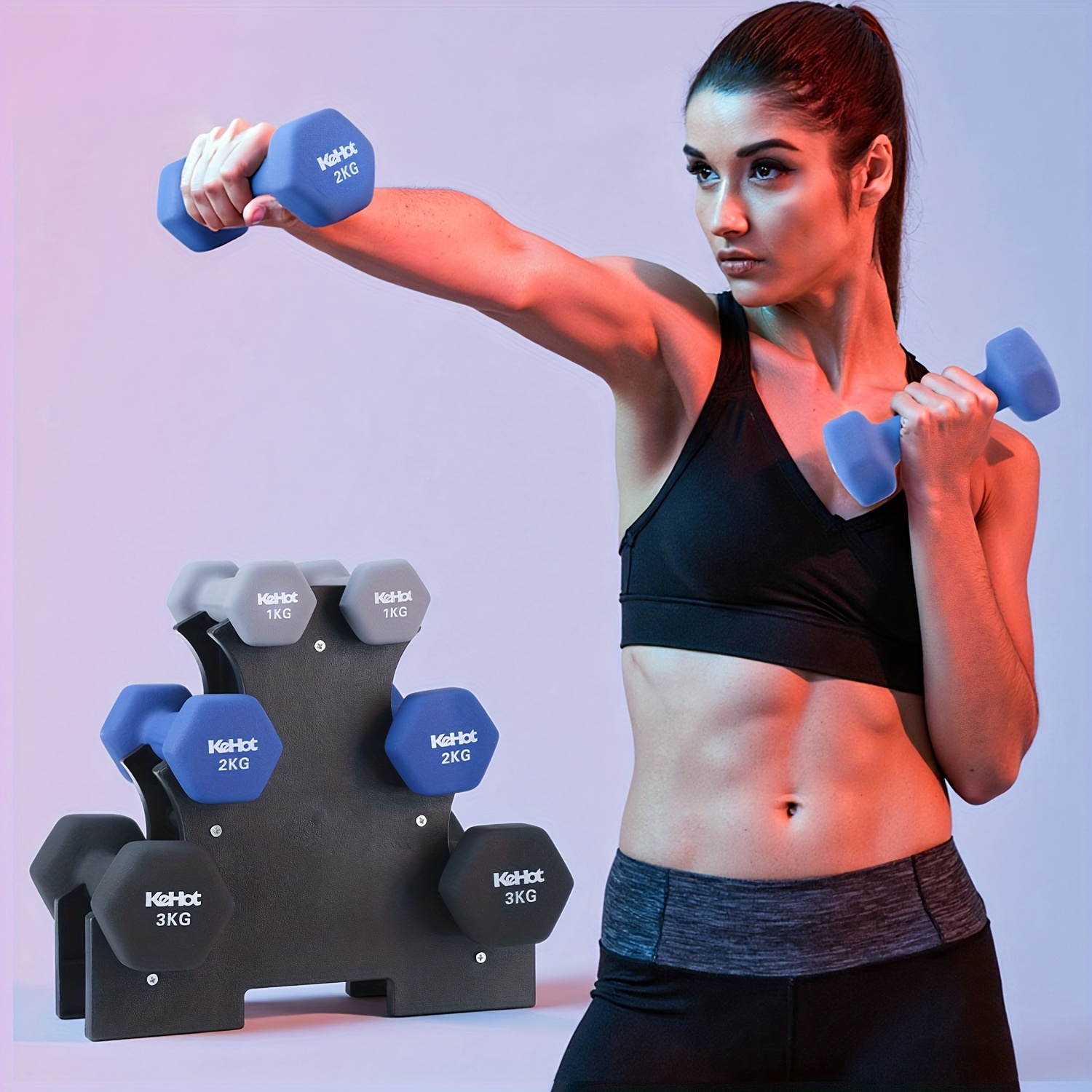 Image of 6pcs Neoprene-coated Hex Dumbbell Set 1kg/2kg/3kg (two Each) Total 12kg With Plastic Dumbbell Rack Compact Storage For Home Gym