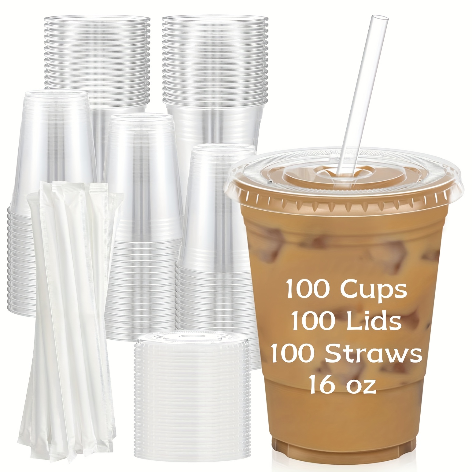 TEMU 100-pack-16oz Clear Plastic Cups With Lids And Straws, Sturdy And Food-safe Iced Coffee Cups With Lids, Disposable Plastic Cold Drink Cups For