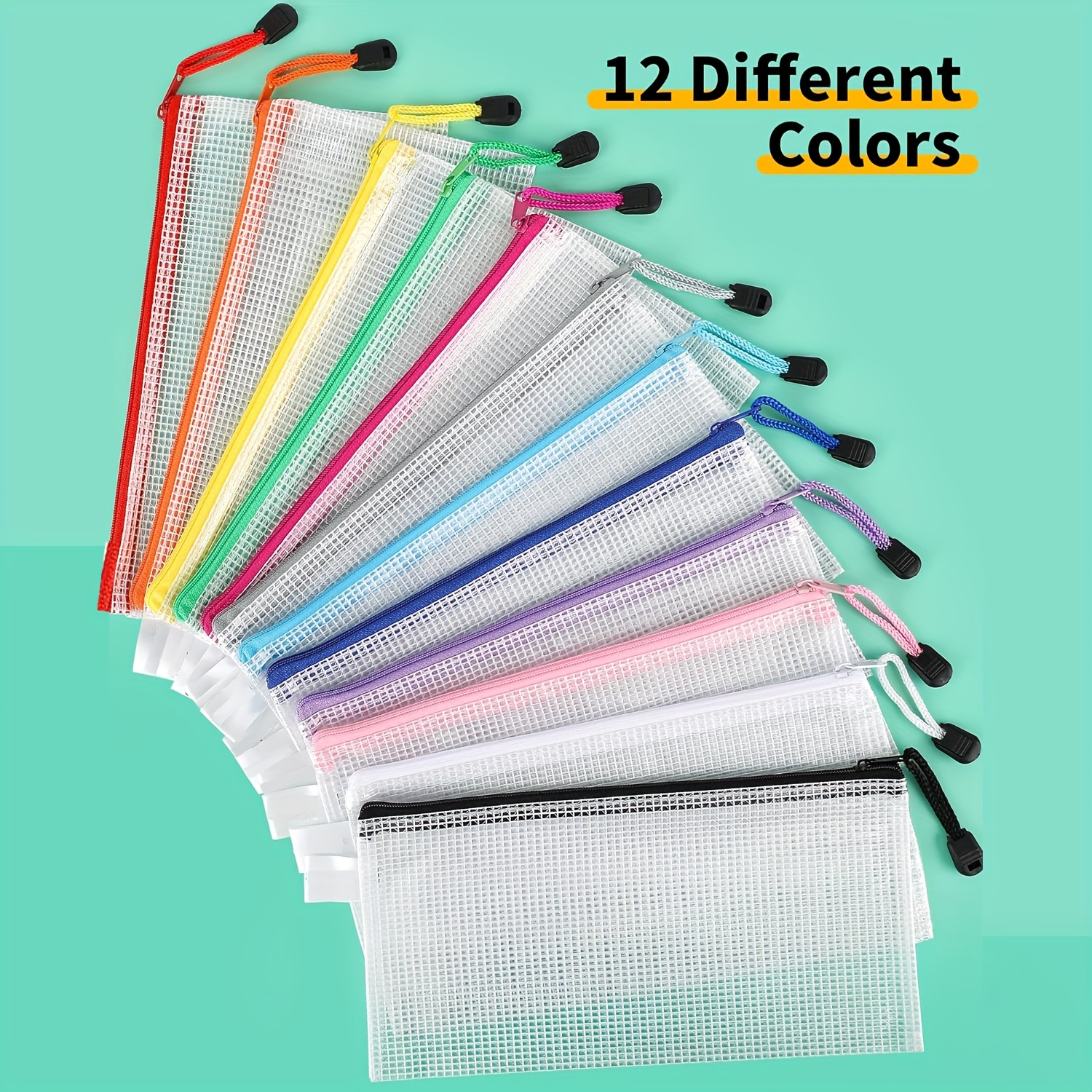 

12 Durable Mesh Zipper Bags - File Organization Set, File/information/pencil Pouch, Suitable For School, Office, Home, Travel - Safe Storage Of Documents, Pencils, Puzzles, Etc., 12 Colors Each