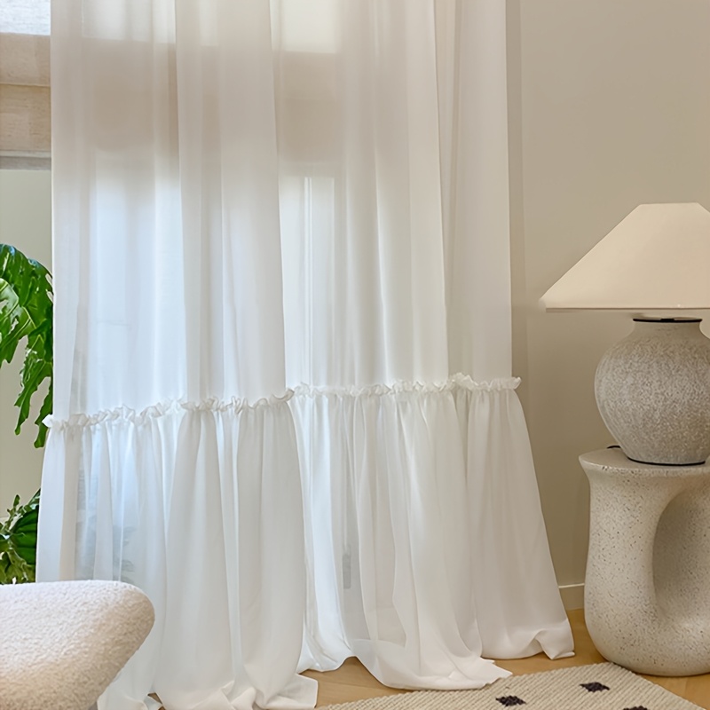 Image of 2pcs Set White Ruffle Design Tulle Sheer Curtain For Living Room, Bedroom Vintage Transparent Curtain Set, French Romantic Window Decoration, Rod Pocket Panels Drapery