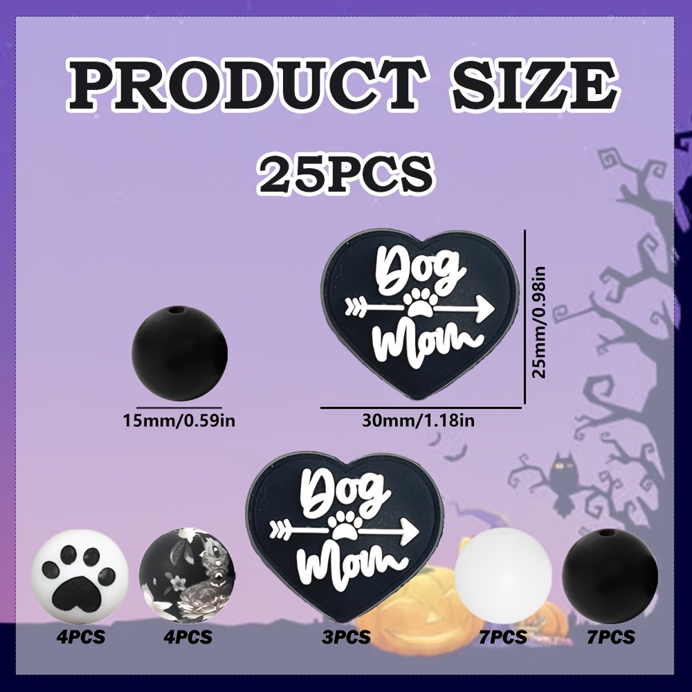 TEMU Lot de 25 perles DIY - Perles Chiot avec de Patte et de Patte et de Chiot, Perles Rondes Noires/Blanches de 15 mm pour Fabrication de Bijoux,