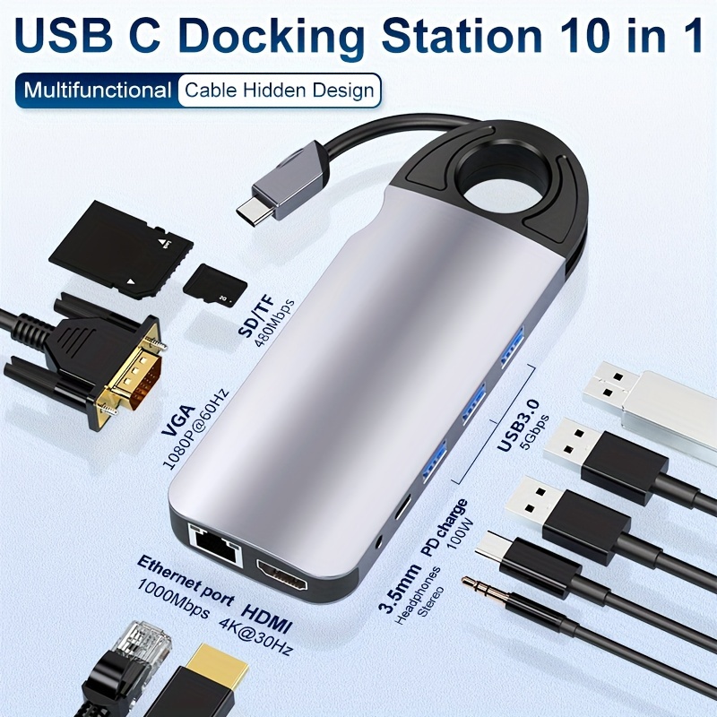 USB-C Multiport HUB Adapter - VGA, Type-C USB, RJ45, HDMI, 3.5mm