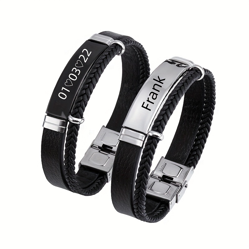 Personalized Men's Braided Faux Leather Bracelet - Double Layer Adjustable